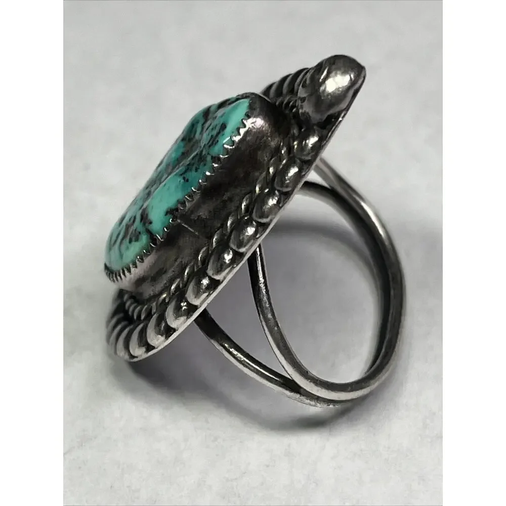 Sterling Ring 925 Turquoise Ring Size 8 Navajo Inspired Signed RL Vintage Chunky